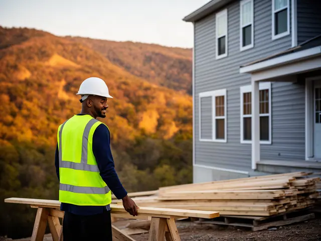 A builder in a hard hat and safety vest on a home construction site.